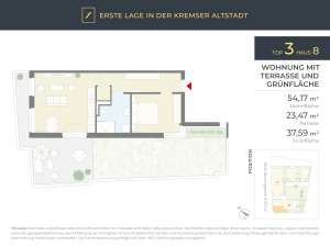 Studieren in Krems? Neubau, Erstbezug, Altstadt: 2 Zimmer, 54m² Wfl., 61m² Außenbereiche, H8/T3