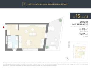 Krems, Altstadt, Neubau, Erstbezug: Studio, 1 Zimmer, 31m² Wfl., 13m² Terrasse, H12/T15